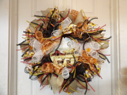 Rustic Farm Scene with Deer Mesh Wreath with Lights