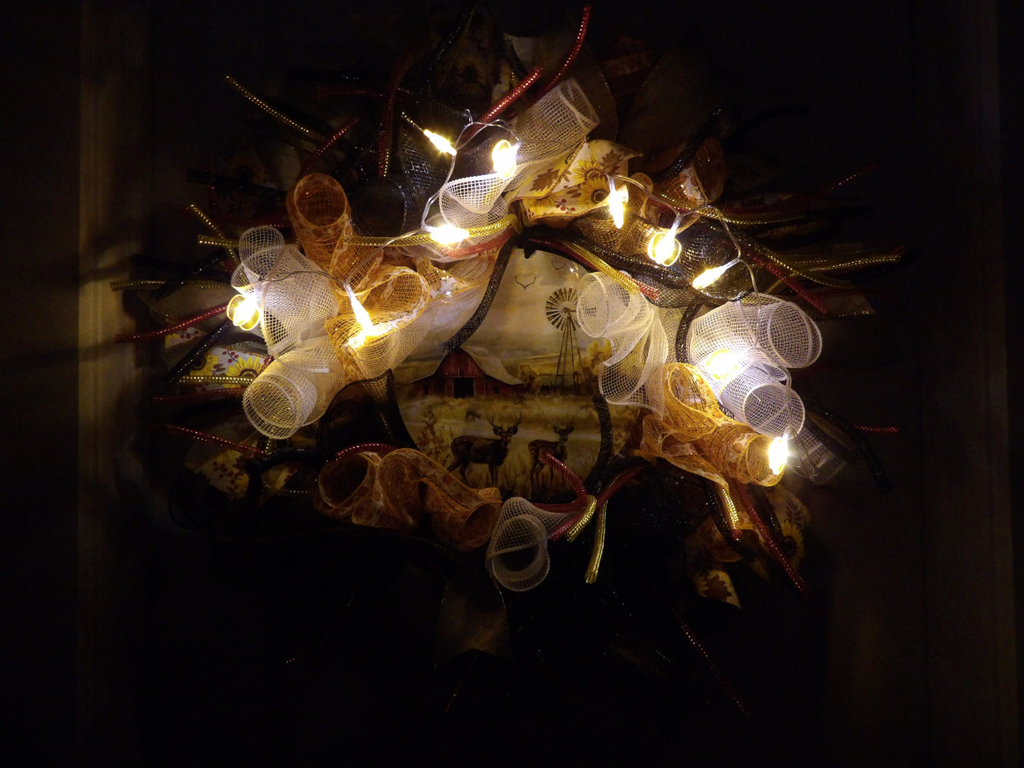 Rustic Farm Scene with Deer Mesh Wreath with Lights