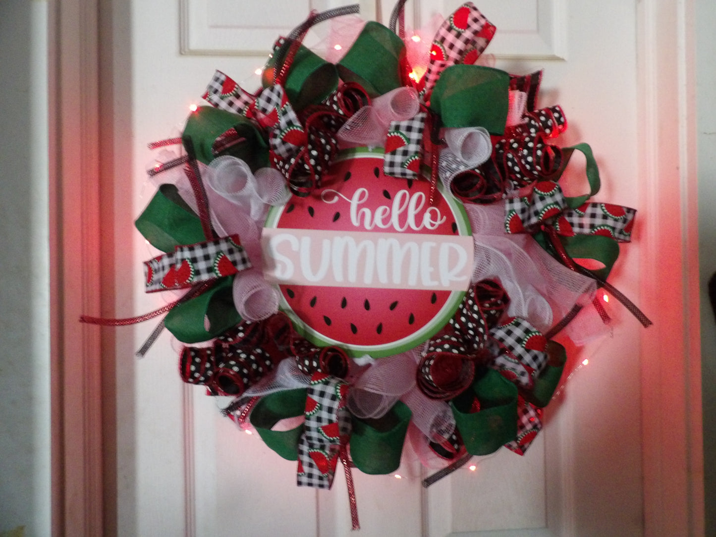 Hello Summer Watermelon Wreath with Red Fairy Lights