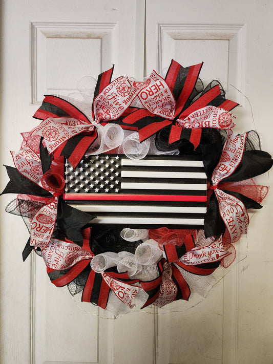 Firefighter Tribute Wreath with Red Fairy Lights