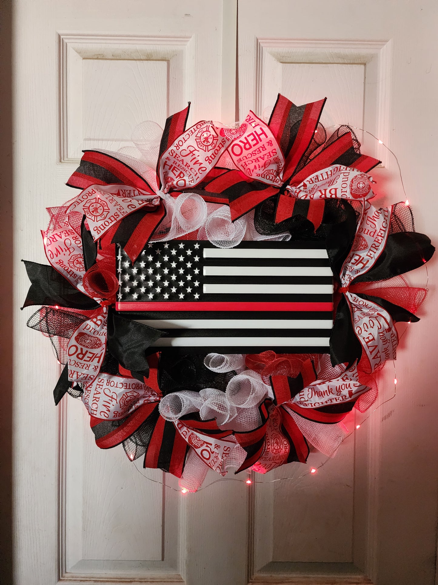Firefighter Tribute Wreath with Red Fairy Lights