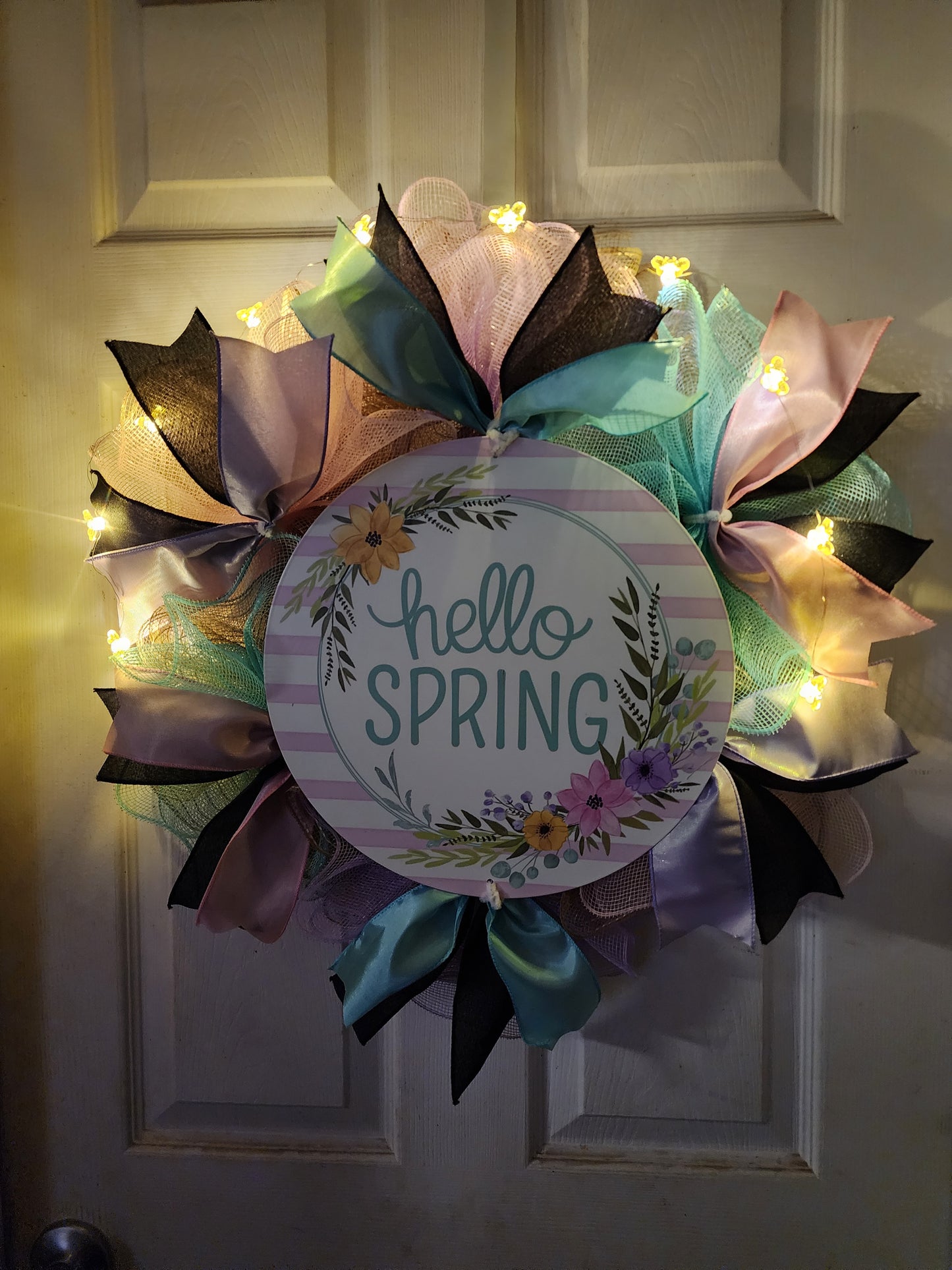 "Hello Spring" Wreath with Bee Fairy Lights & Metal Sign