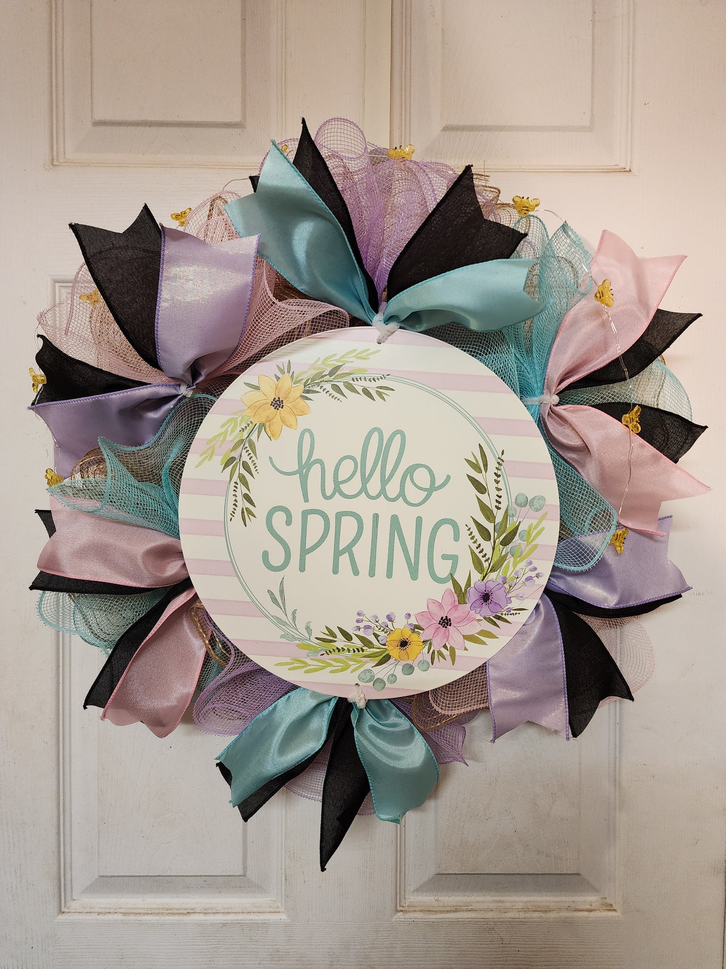 "Hello Spring" Wreath with Bee Fairy Lights & Metal Sign