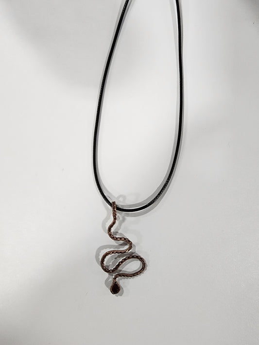 Handcrafted Wire-Wrapped Snake Pendant Necklace with Red Cubic Zirconia