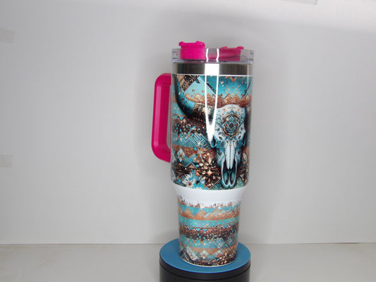 Green 14-40oz Boho Cow Skull Tumbler with Straw – Western Aztec Design, USA Made