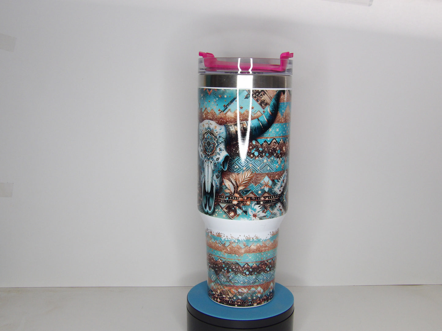 Green 14-40oz Boho Cow Skull Tumbler with Straw – Western Aztec Design, USA Made