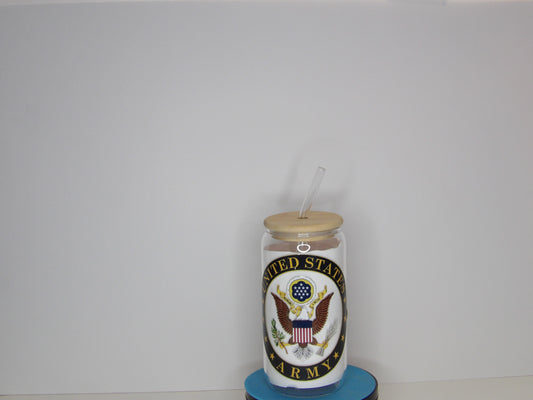 Dark Blue 18-16oz U.S. Army Glass Can – Patriotic Military Drinkware with Bamboo Lid & Straw