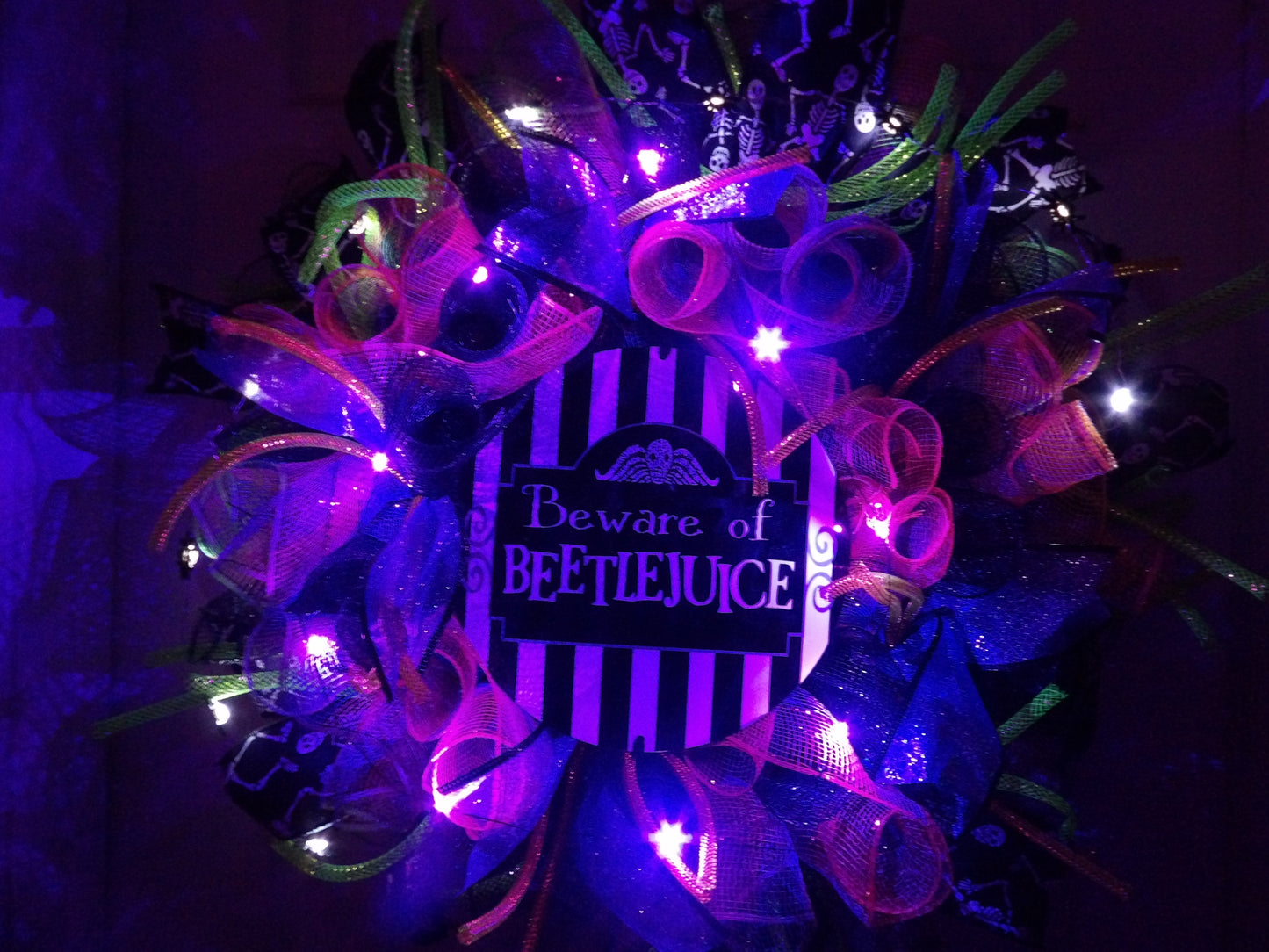 "Beware of Beetlejuice" Light-Up Halloween Wreath – Handmade Deco Mesh Door Decor