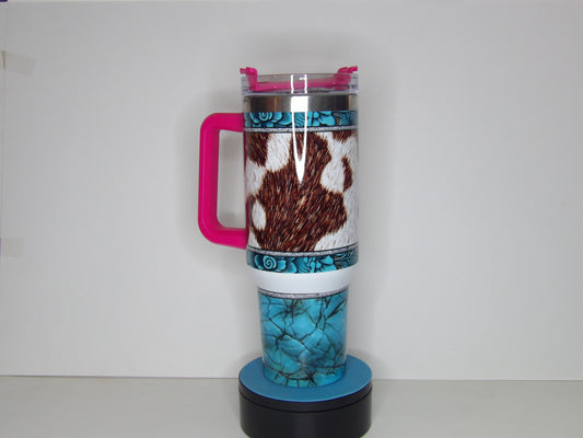 Green 11-40 oz Cowhide & Turquoise Tumbler with Handle – Western Style