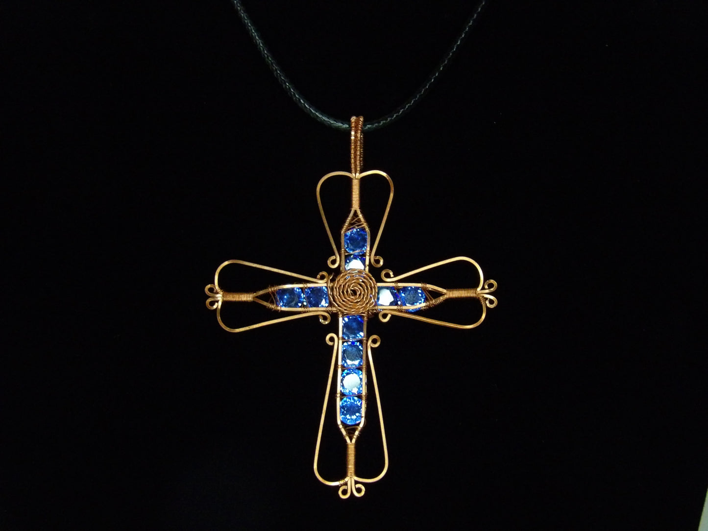 Handcrafted Wire-Wrapped Cross Pendant with Blue Lab-Created Stones