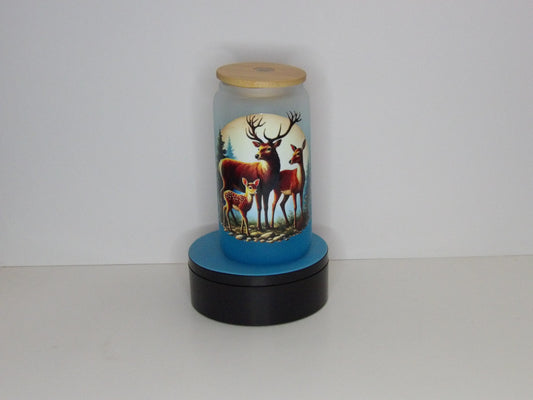 Red 13-16oz Frosted Glass Deer Tumbler – Blue Beer Can Glass with Bamboo Lid & Straw