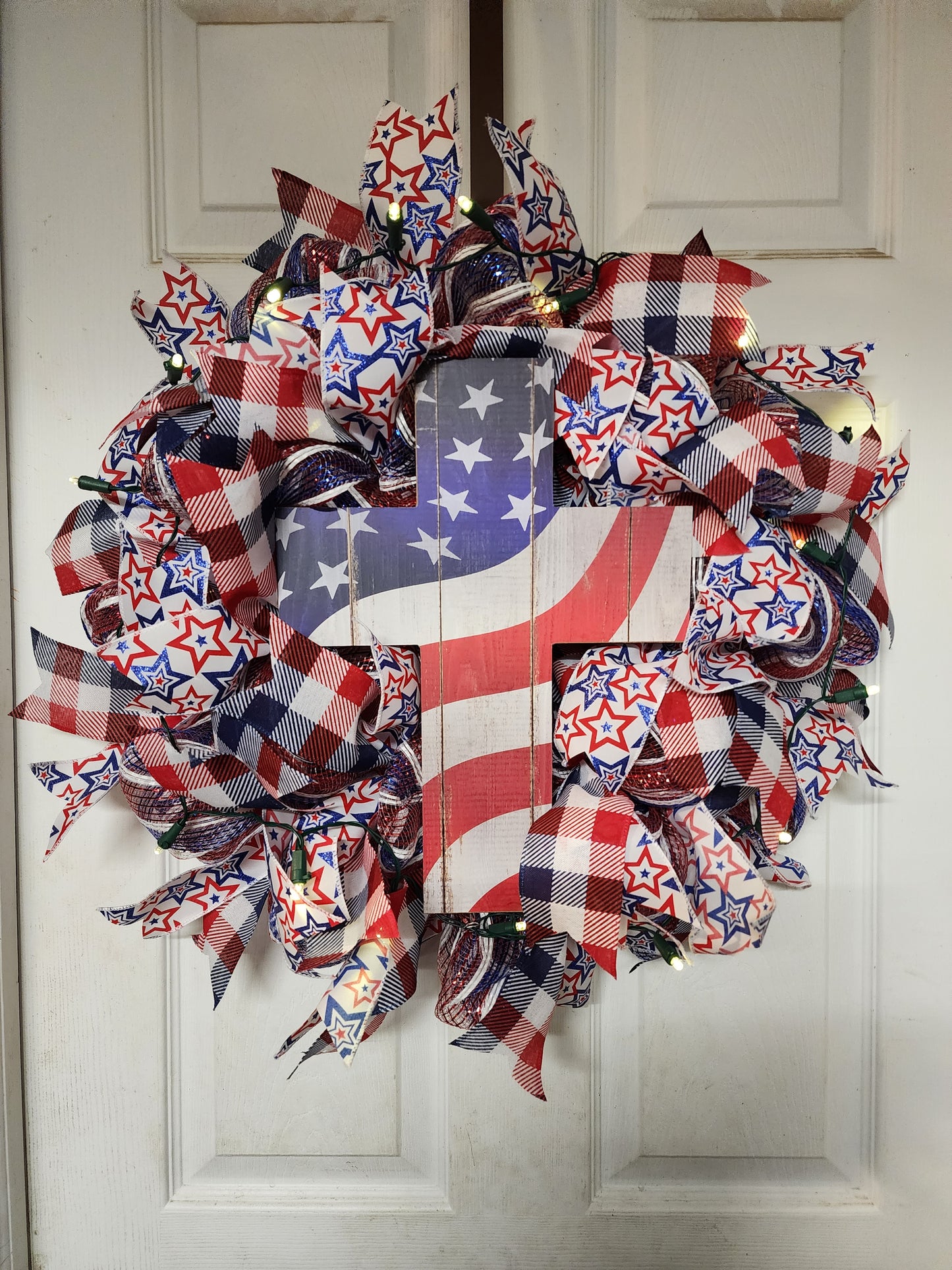 Flag Cross Deco Mesh Wreath With Lights