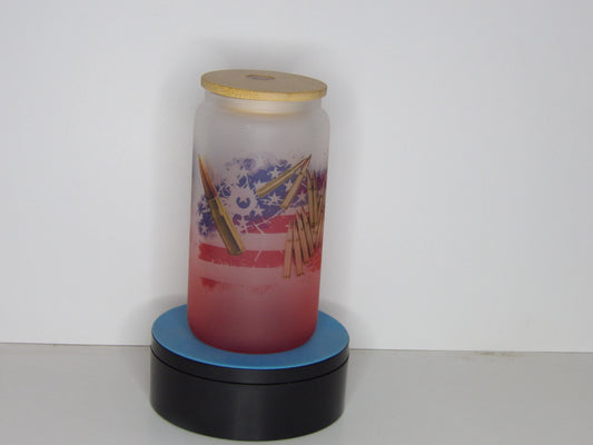 Dark Blue 22-16 oz Frosted Glass Can – American Flag & Bullet Design