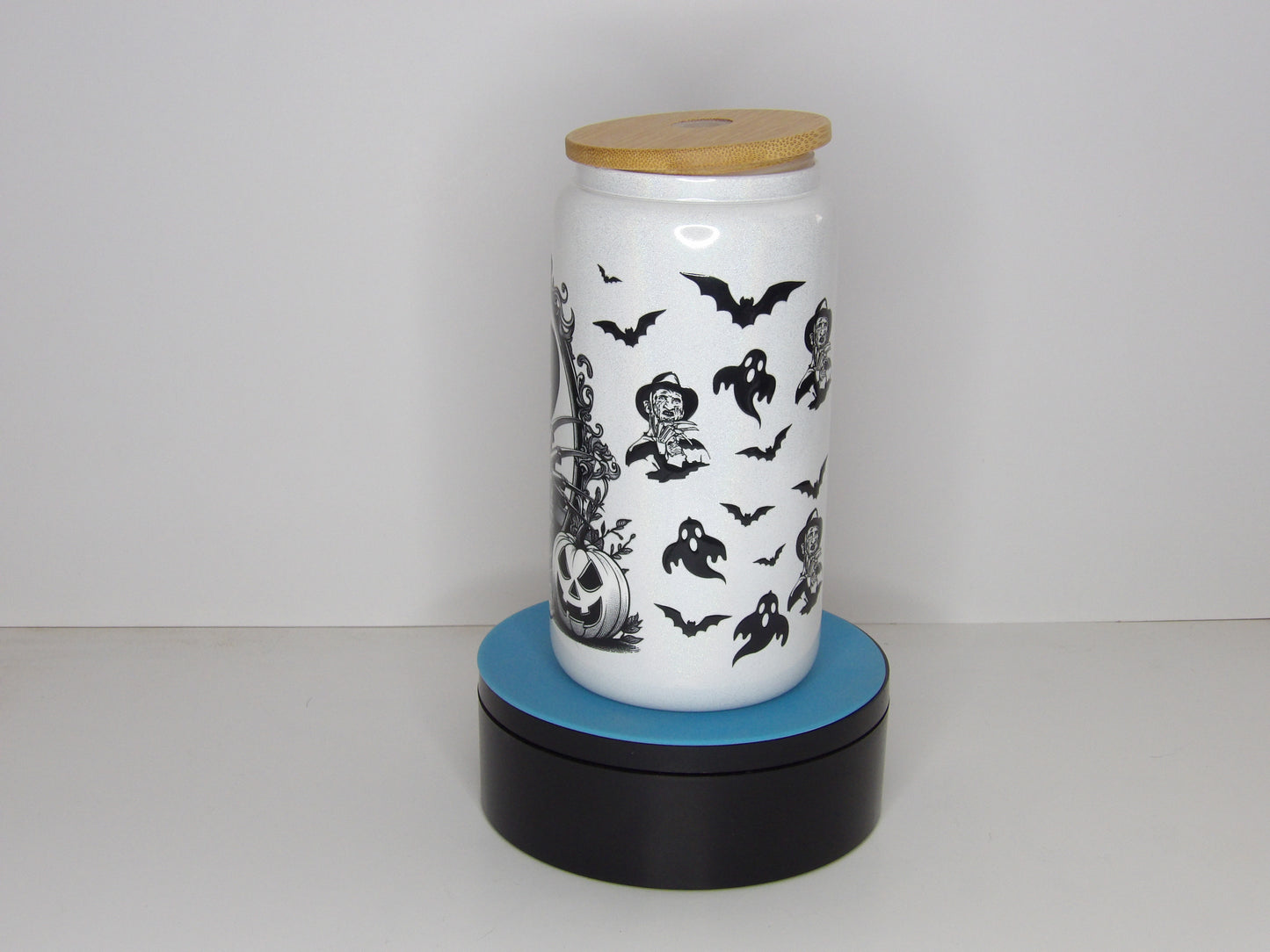Yellow 23-16oz White Shimmer Glass Can with Horror-Inspired Design – Bamboo Lid & Glass Straw, USA Made