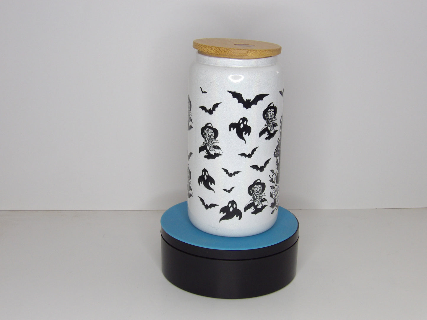 Yellow 23-16oz White Shimmer Glass Can with Horror-Inspired Design – Bamboo Lid & Glass Straw, USA Made