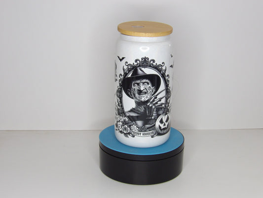 Yellow 23-16oz White Shimmer Glass Can with Horror-Inspired Design – Bamboo Lid & Glass Straw, USA Made