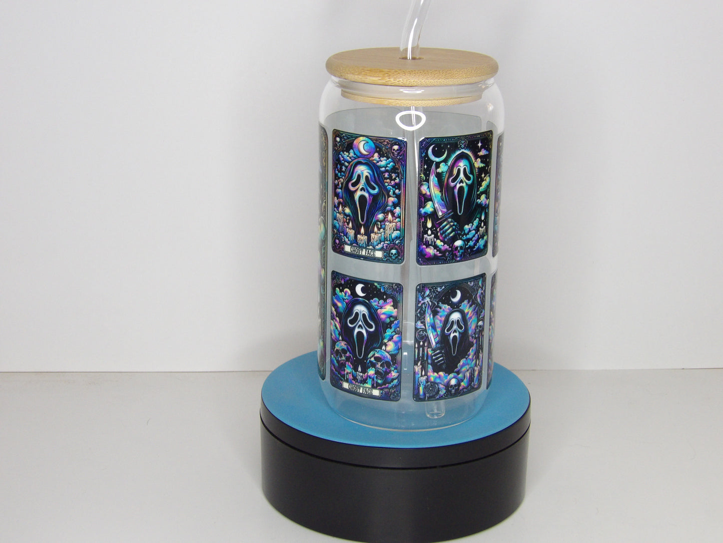 Yellow 26-16oz Clear Glass Can with Holographic Tarot-Inspired Horror Design – Bamboo Lid & Glass Straw, USA Made