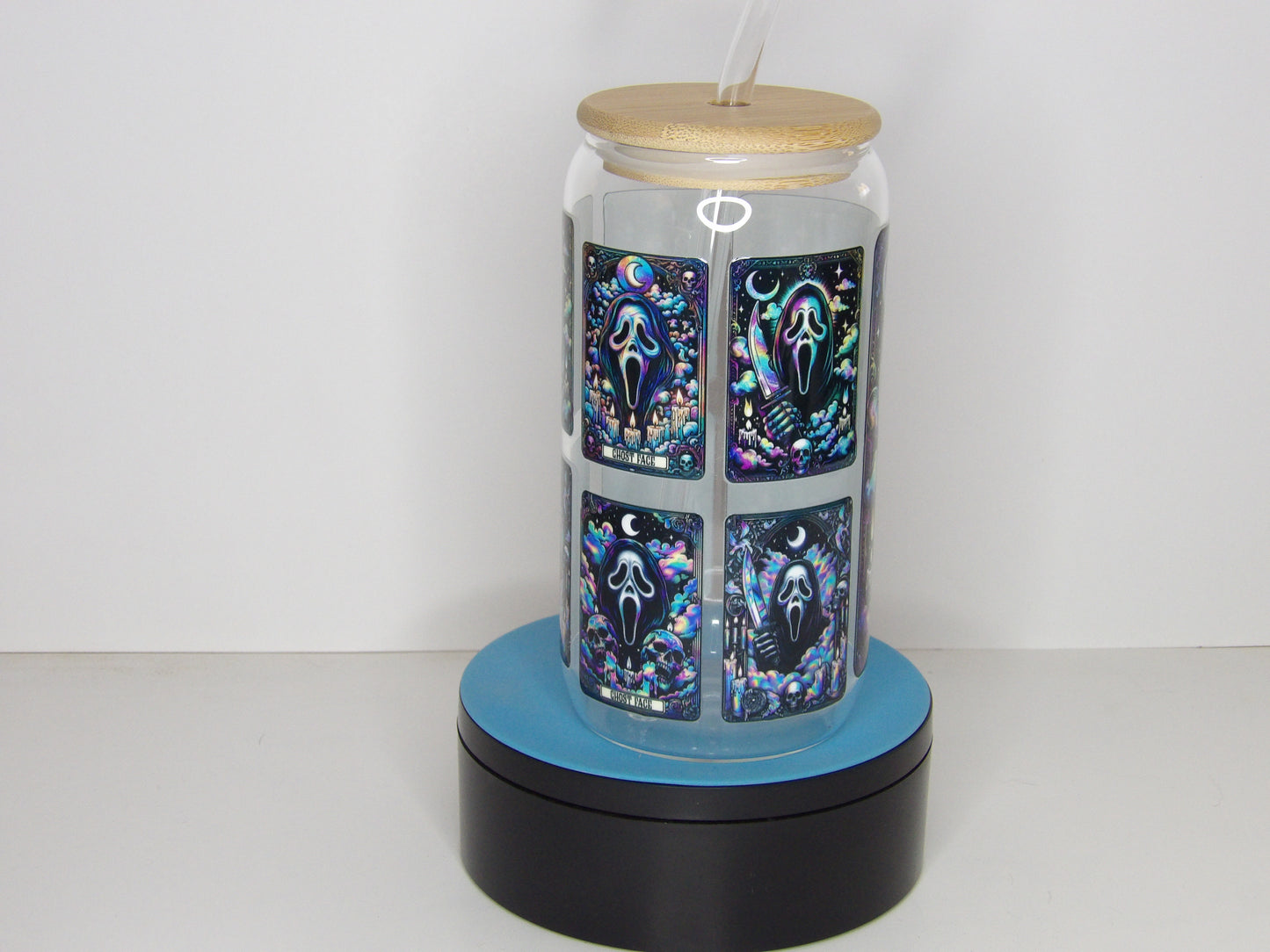 Yellow 26-16oz Clear Glass Can with Holographic Tarot-Inspired Horror Design – Bamboo Lid & Glass Straw, USA Made