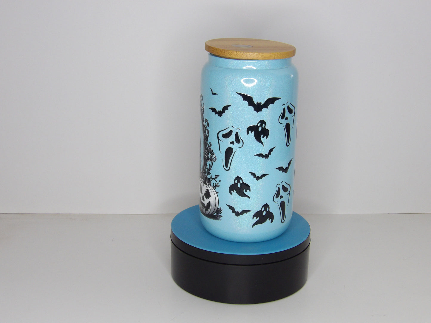 Yellow 22-16oz Blue Shimmer Glass Can with Ghost Design – Bamboo Lid & Glass Straw, USA Made