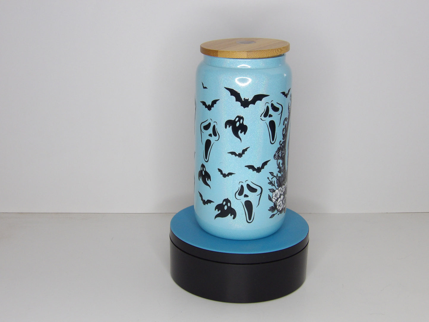 Yellow 22-16oz Blue Shimmer Glass Can with Ghost Design – Bamboo Lid & Glass Straw, USA Made