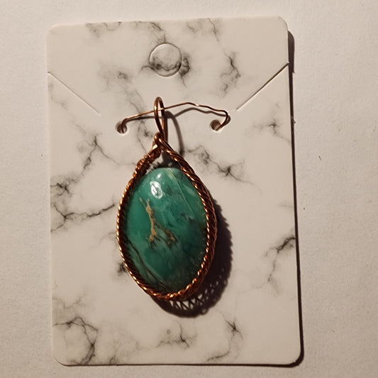 Handmade Green Gemstone Pendant Wrapped in Copper Wire – USA Made