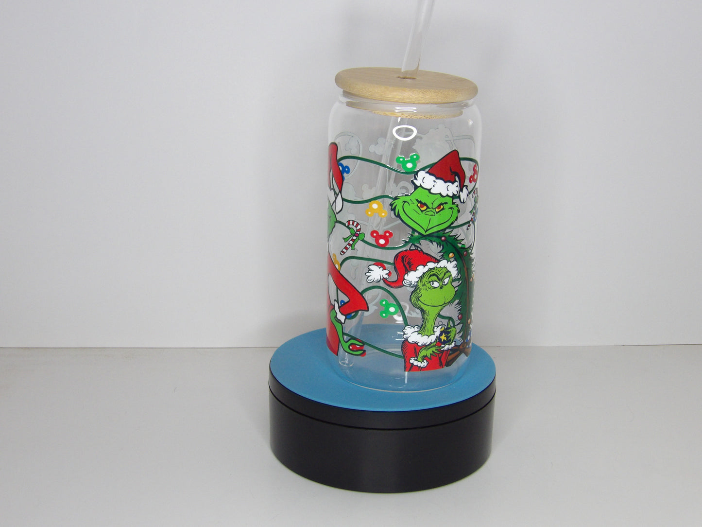 Yellow 27-16oz Clear Christmas Glass Can with Holiday Character Design – Bamboo Lid & Glass Straw, USA Made