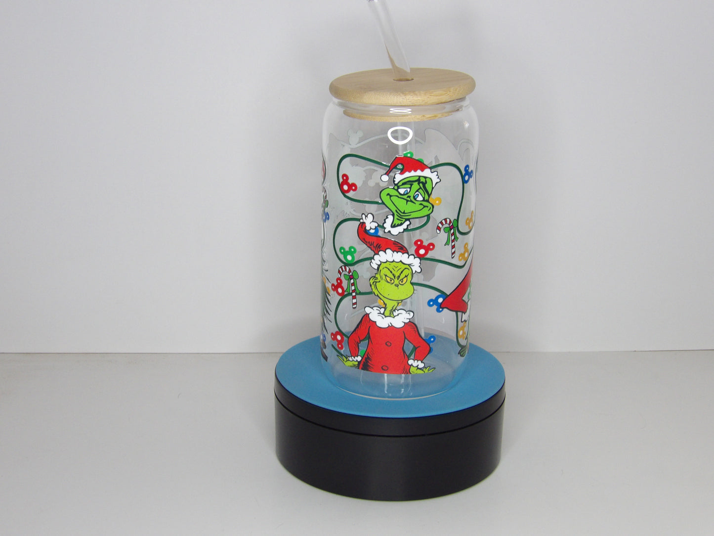 Yellow 27-16oz Clear Christmas Glass Can with Holiday Character Design – Bamboo Lid & Glass Straw, USA Made