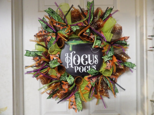 Handmade Halloween Deco Mesh Wreath with Lights – "Hocus Pocus" Cauldron Centerpiece, USA Made