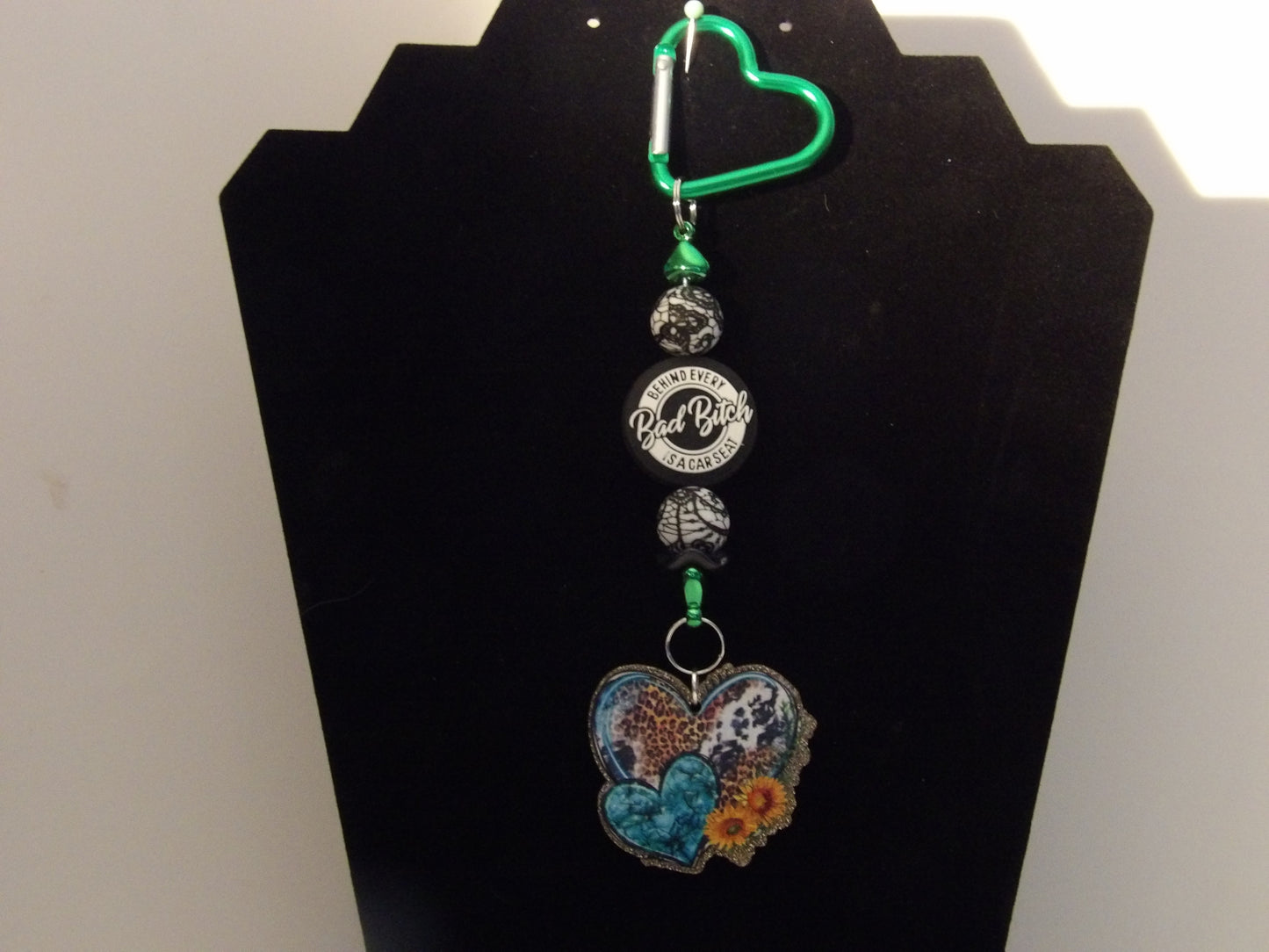 Handmade Beaded Keychain with Heart Carabiner & Acrylic Flatback – Made in the USA