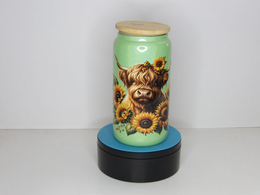 Red 18-Highland Cow “Too Many Tabs” 16oz Glass Can