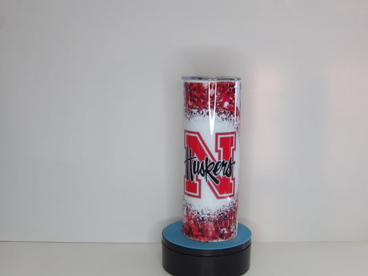 Yellow 14-Huskers 20oz Tumbler – Red Glitter & Leopard Print Design with Straw