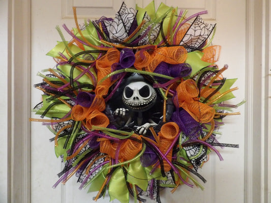 Handmade Halloween Skeleton Wreath with Orange Lights – Spooky Door Decor, USA Made