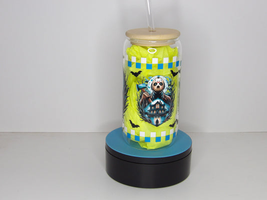 Yellow 25-16oz Clear Horror Glass Can with Bamboo Lid & Glass Straw – USA Made