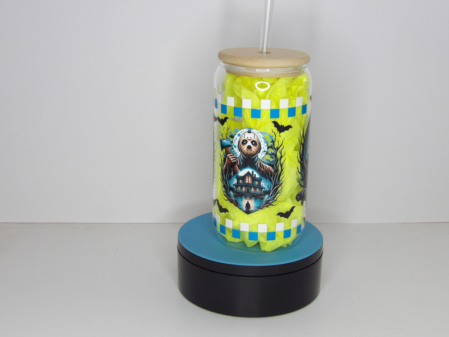 Yellow 25-16oz Clear Horror Glass Can with Bamboo Lid & Glass Straw – USA Made