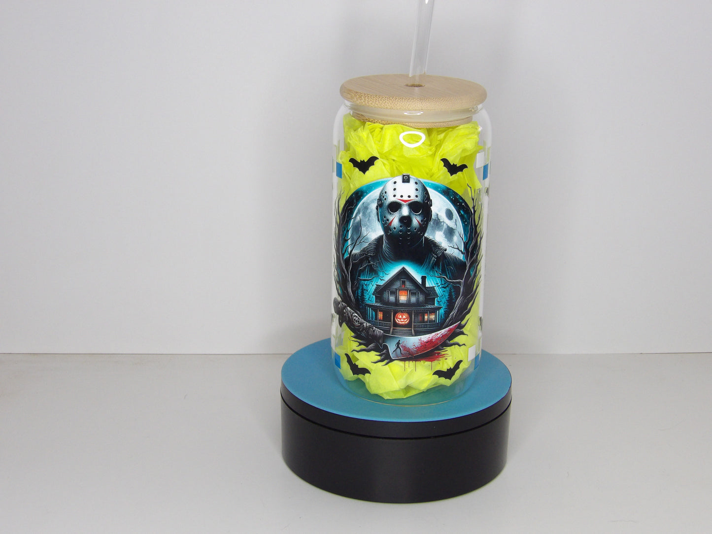 Yellow 25-16oz Clear Horror Glass Can with Bamboo Lid & Glass Straw – USA Made