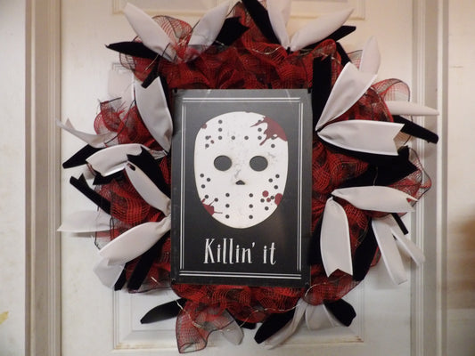 “Killin’ It” Halloween Wreath with Red LED Lights – Handmade Horror Door Decor