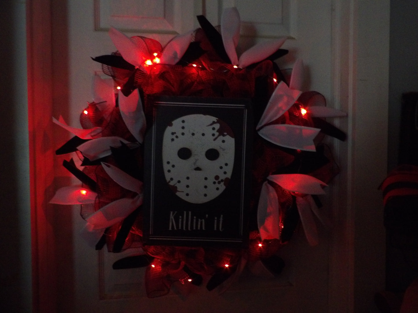 “Killin’ It” Halloween Wreath with Red LED Lights – Handmade Horror Door Decor