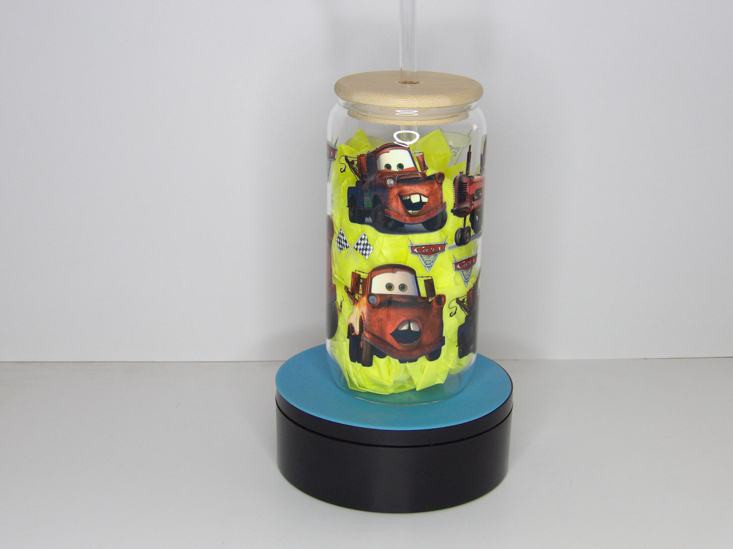 Orange 12-16oz Clear Glass Can with Cartoon Tow Truck Design – Bamboo Lid & Glass Straw, USA Made