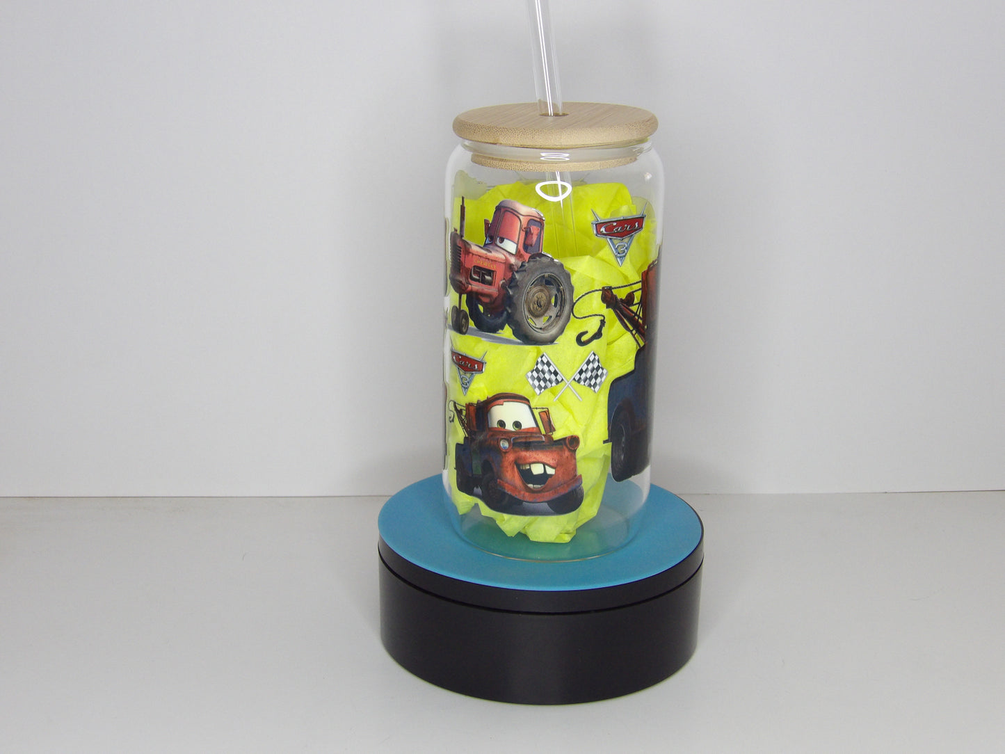 Orange 12-16oz Clear Glass Can with Cartoon Tow Truck Design – Bamboo Lid & Glass Straw, USA Made