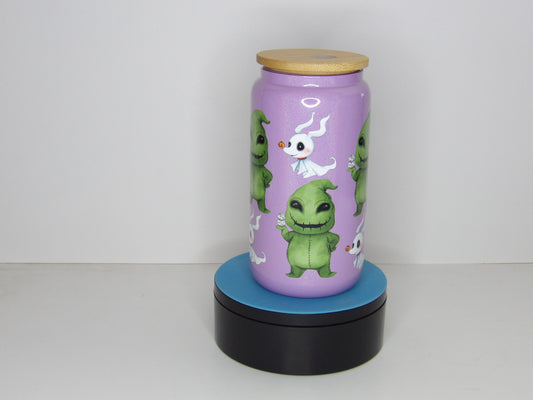 Yellow 24-16oz Purple Shimmer Glass Can – Cute Halloween Design with Bamboo Lid & Glass Straw