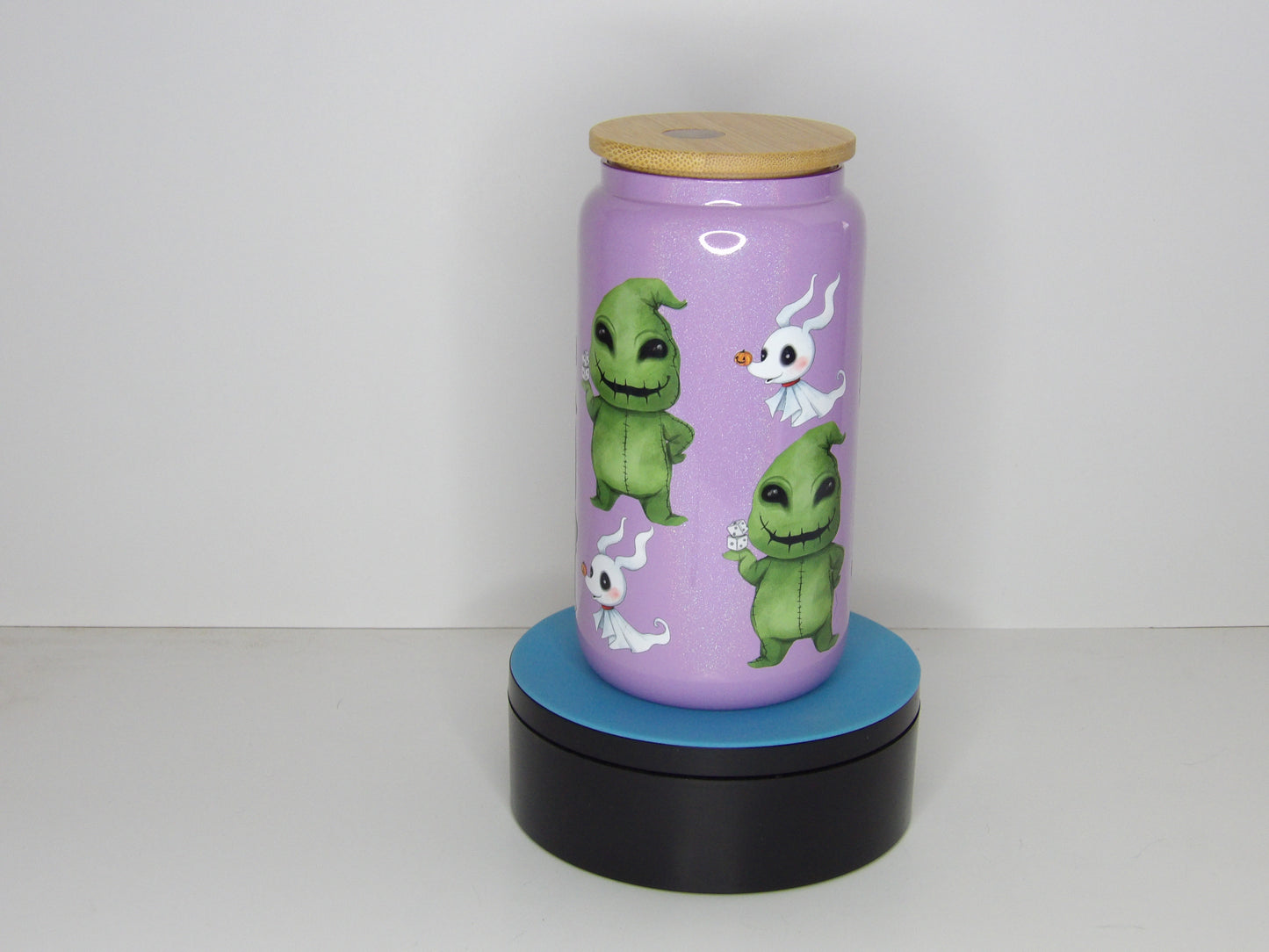 Yellow 24-16oz Purple Shimmer Glass Can – Cute Halloween Design with Bamboo Lid & Glass Straw