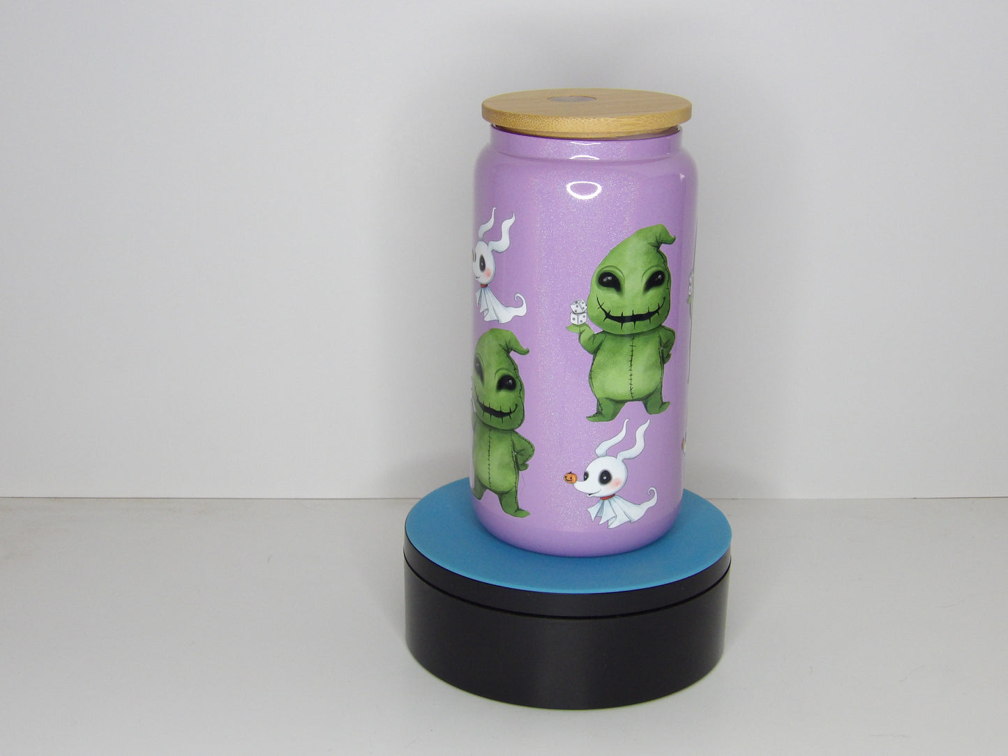 Yellow 24-16oz Purple Shimmer Glass Can – Cute Halloween Design with Bamboo Lid & Glass Straw