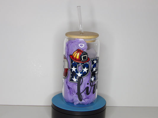 Pink 26-🚒 Proud Firefighter 16 oz Glass Can Cup – With Bamboo Lid & Straw