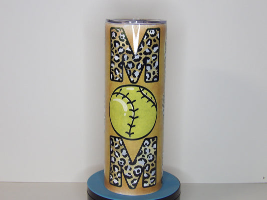 Purple 20-Softball Mom 20oz Tumbler – Leopard Print & Neon Yellow Softball Design