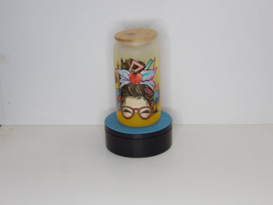 Pink 22-16oz Frosted Glass Teacher Tumbler – #TeacherLife Beer Can Glass with Bamboo Lid & Straw