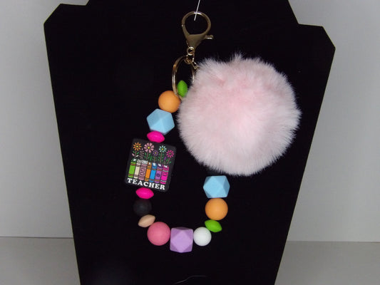 Beaded Wristlet Keychain with Poof Ball – Handmade & Colorful Accessory