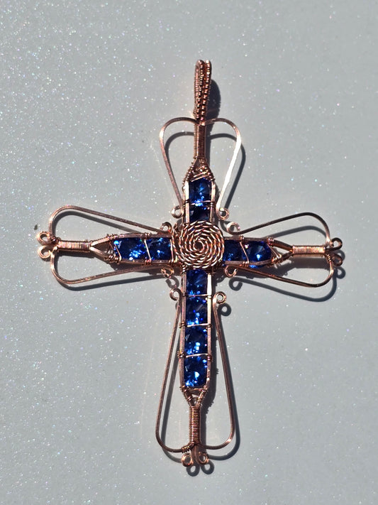 Handcrafted Wire-Wrapped Cross Pendant with Blue Lab-Created Stones