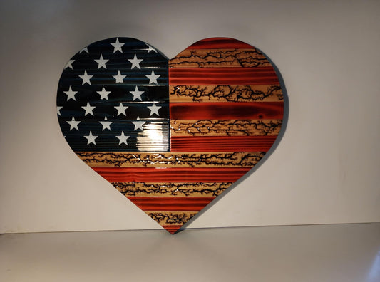 Patriotic American Flag Heart Wall Art – Fractal Burned Wood Decor