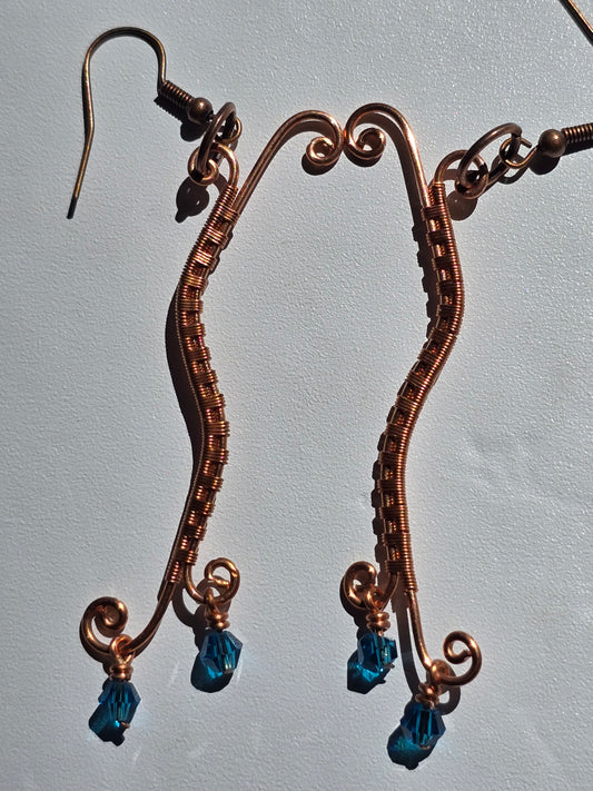 Handcrafted Copper Wire Wrapped Earrings with Colored Crystal Dangles