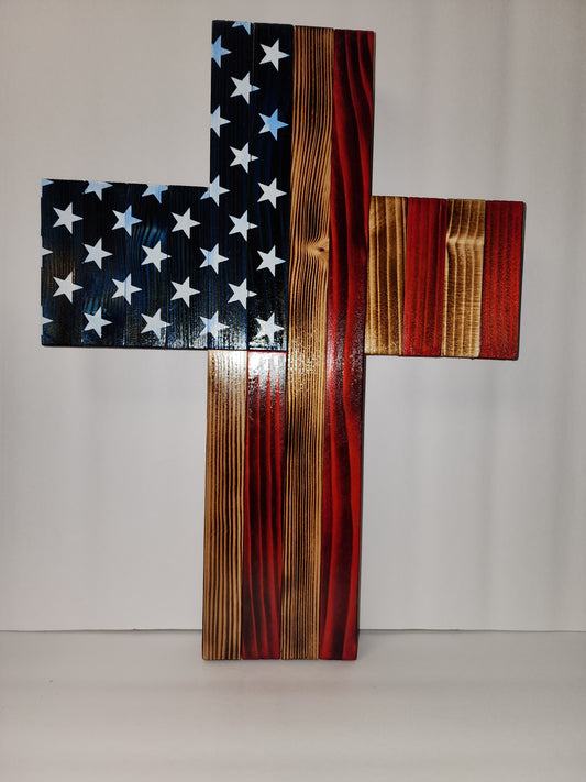 Rustic Wooden American Flag Cross